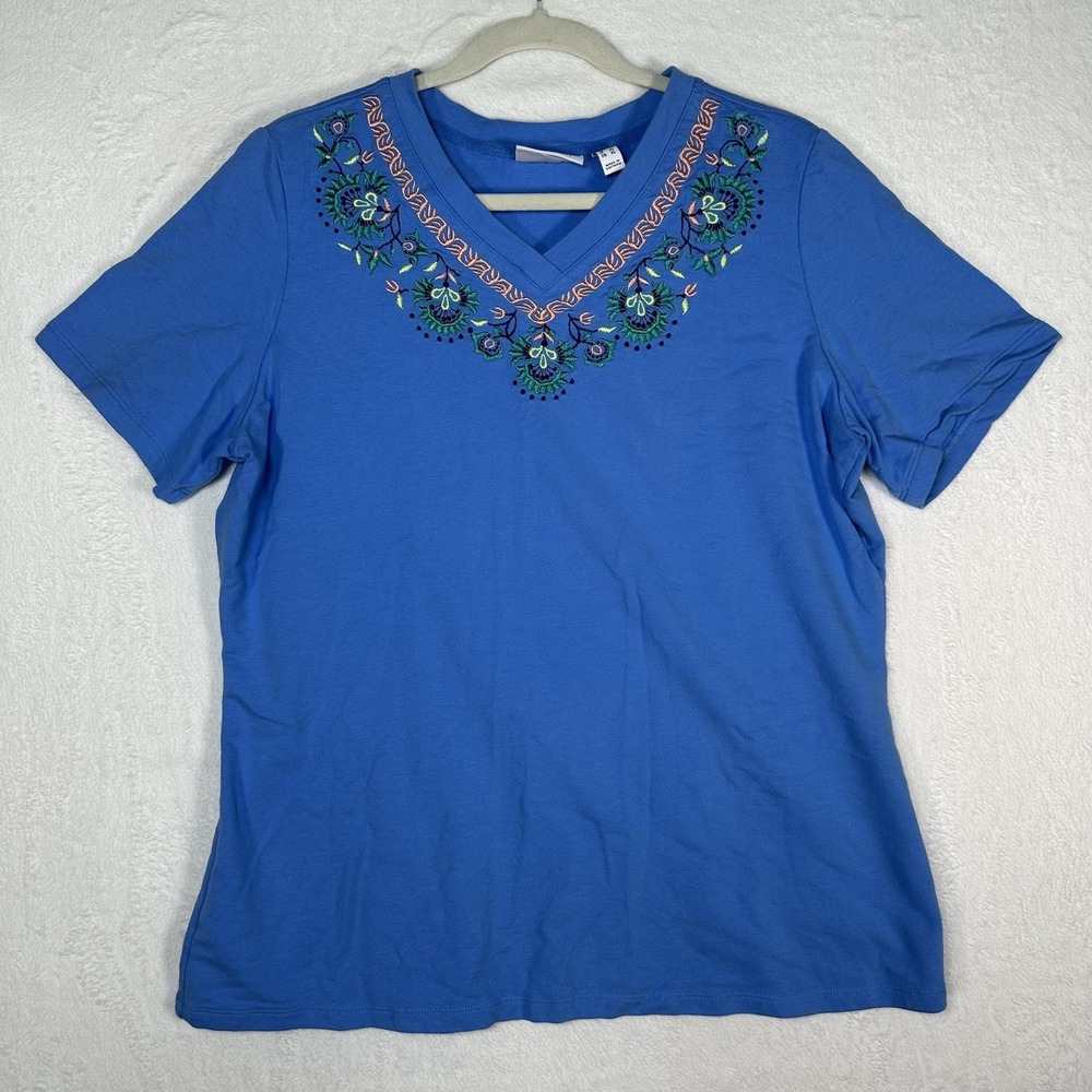 Denim & Co Embroidered V-Neck Top L Blue Floral Cotton Knit‎ Coastal Cottage